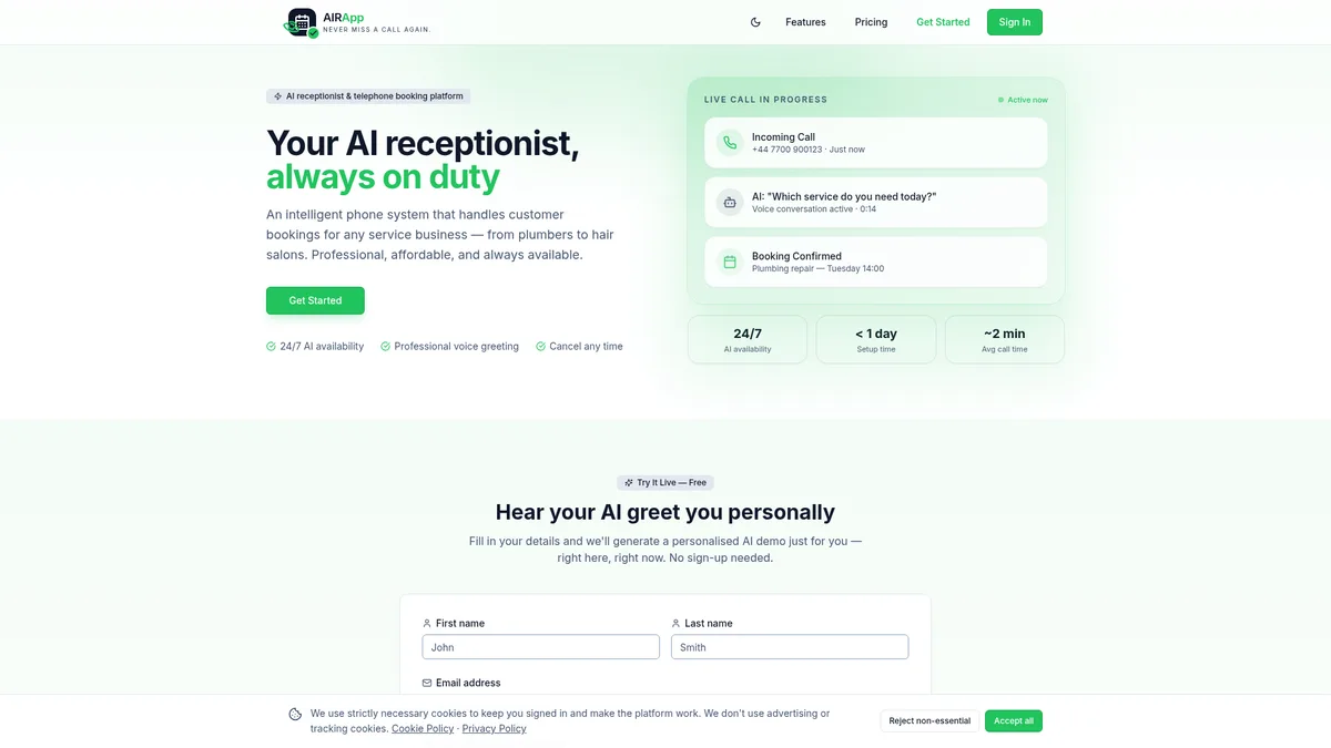 Screenshot of the AirApp website home page