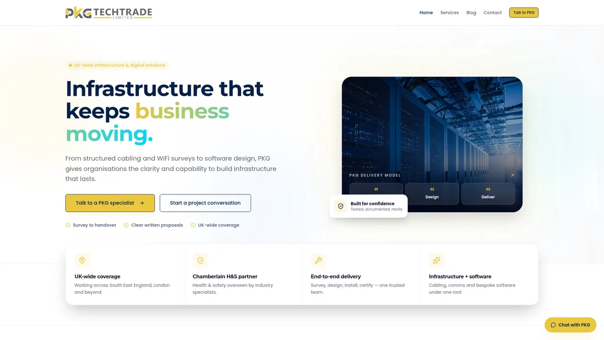Screenshot of the PKG Tech Trade website home page at pkgtechtrade.co.uk