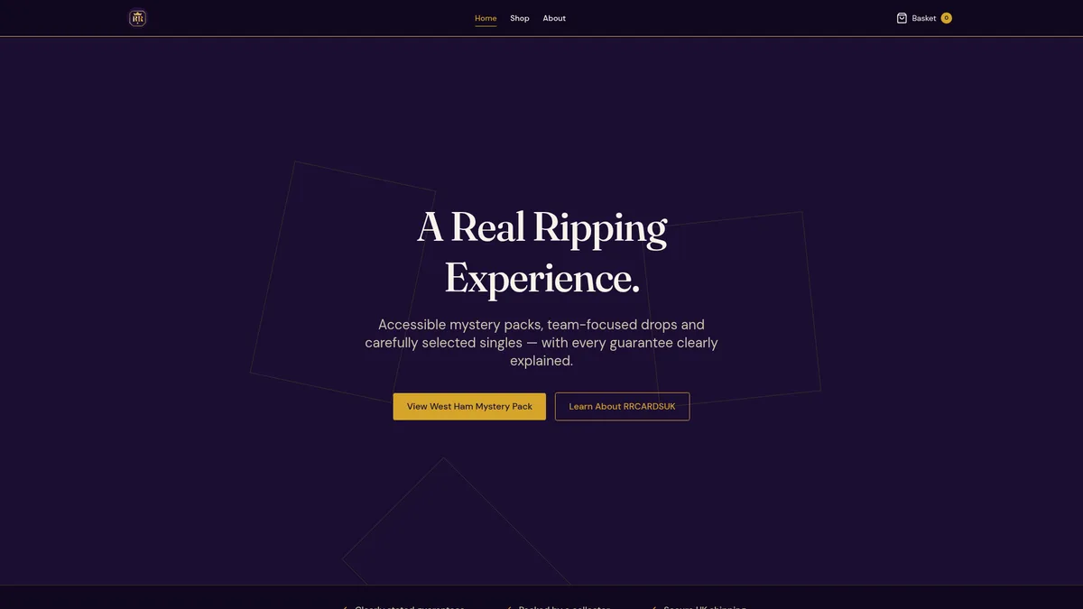 Screenshot of the RRCards website home page